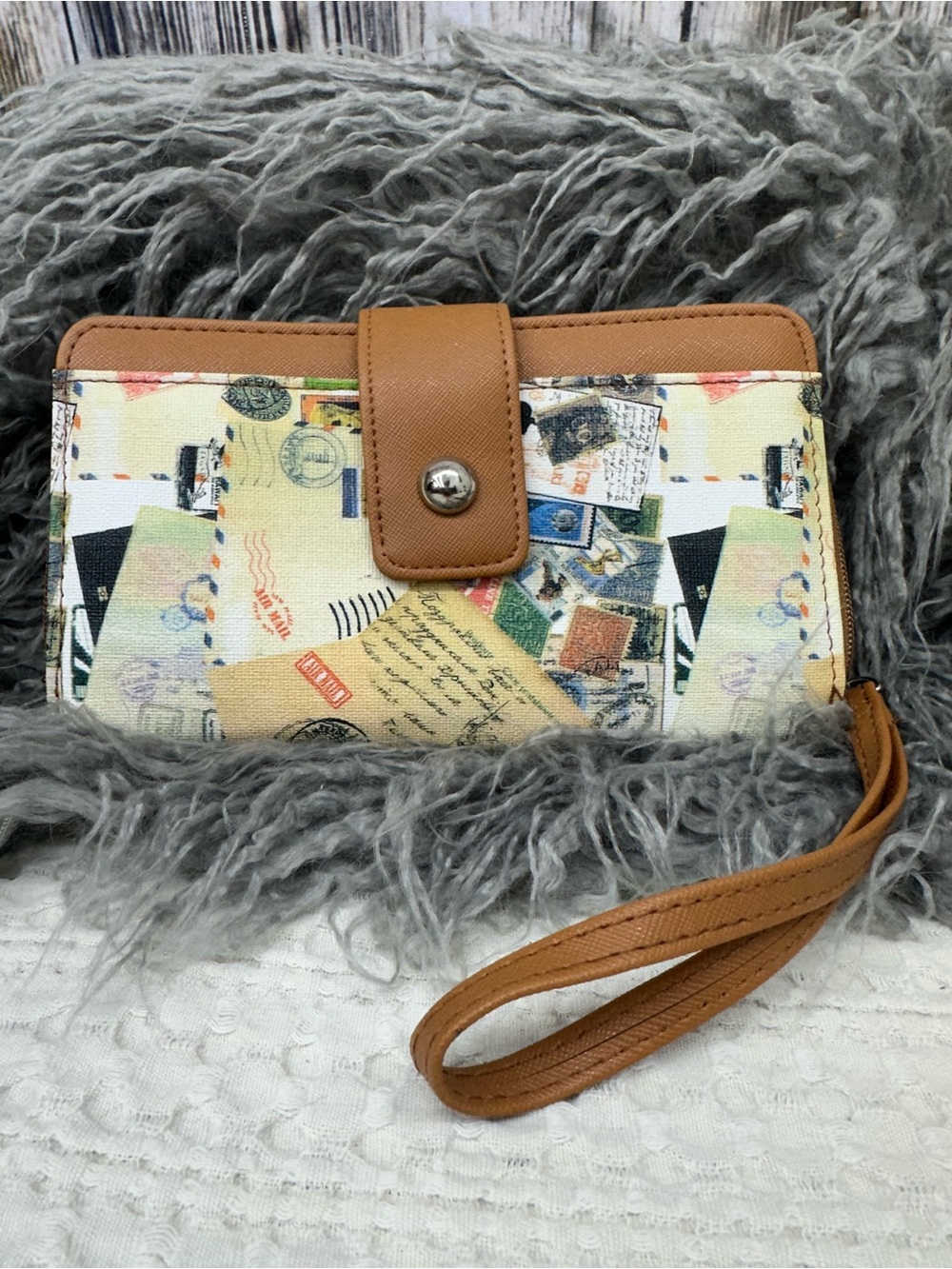 Women's Tan & Cream Travel Print Wristlet Wallet RFID Protection!